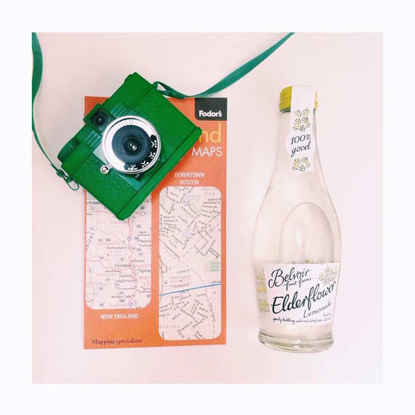 aclotheshorse Instagram photo print of an arrangement of a green camera, road map, and sparkling beverage.  This print and another 11 for sale on the Impressed Print Shop.